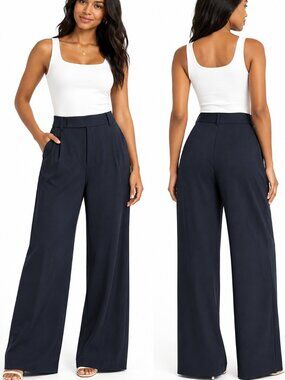 Halara Sz M Navy Wide Leg Trousers High Rise Pleated Workwear Minimalist Classic